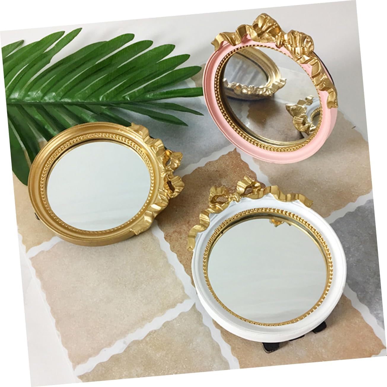 Portable round Makeup Mirror with Bowknot Design Handheld Resin Cosmetic Mirror for Women Travel Friendly Compact Purse Mirror Go