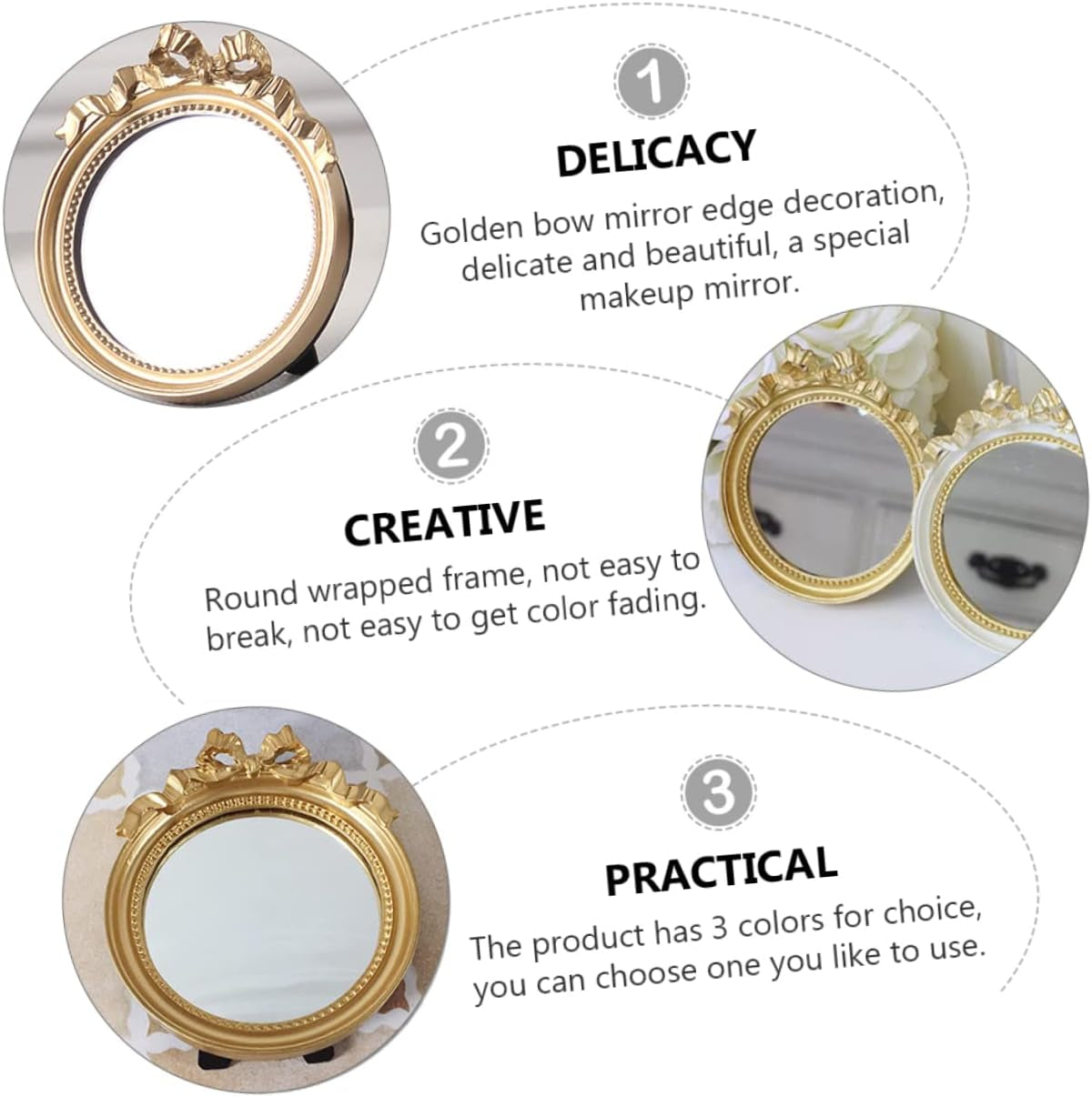 Portable round Makeup Mirror with Bowknot Design Handheld Resin Cosmetic Mirror for Women Travel Friendly Compact Purse Mirror Go