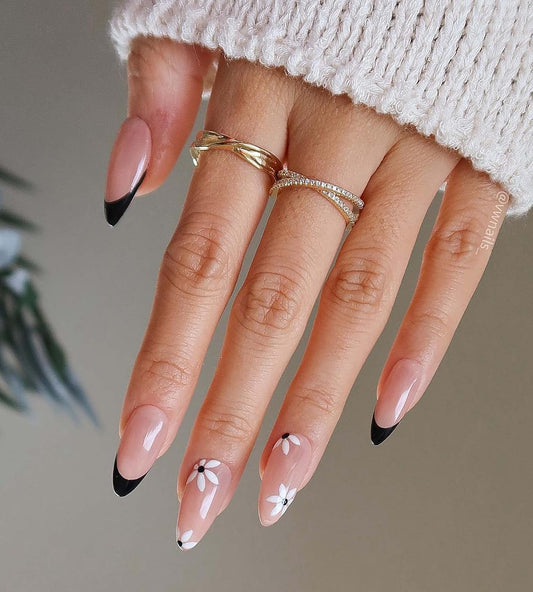 24 Pcs Acrylic Press on Nails Medium, Stiletto Fake Nails with Glue, Black French and Flower for Women