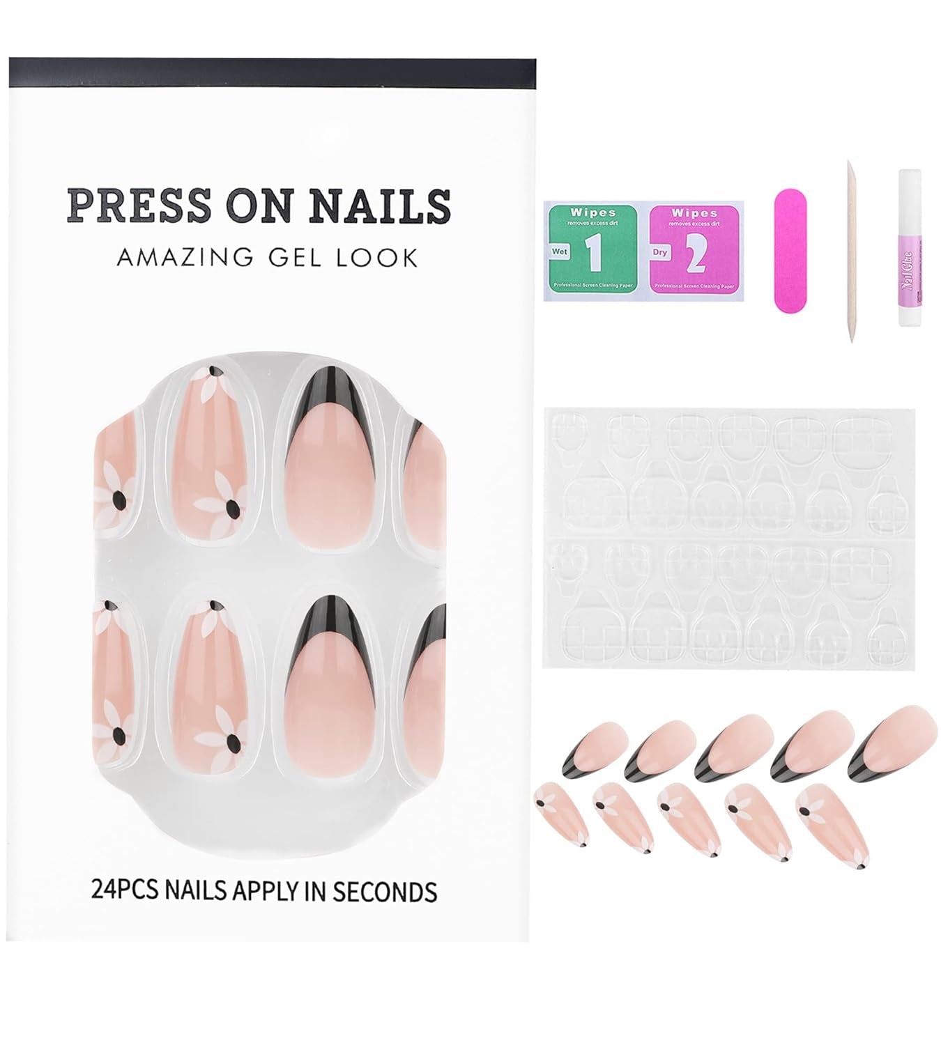 24 Pcs Acrylic Press on Nails Medium, Stiletto Fake Nails with Glue, Black French and Flower for Women