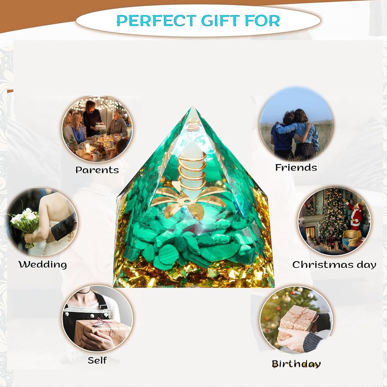 Orgone Pyramid,2 Inch Good Energy Pyramid,Crystals and Healing Stones Pyramid for Meditation,Clear Quartz Crystals and Malachite Stone (Clear Quartz & Malachite, 2 Inch)