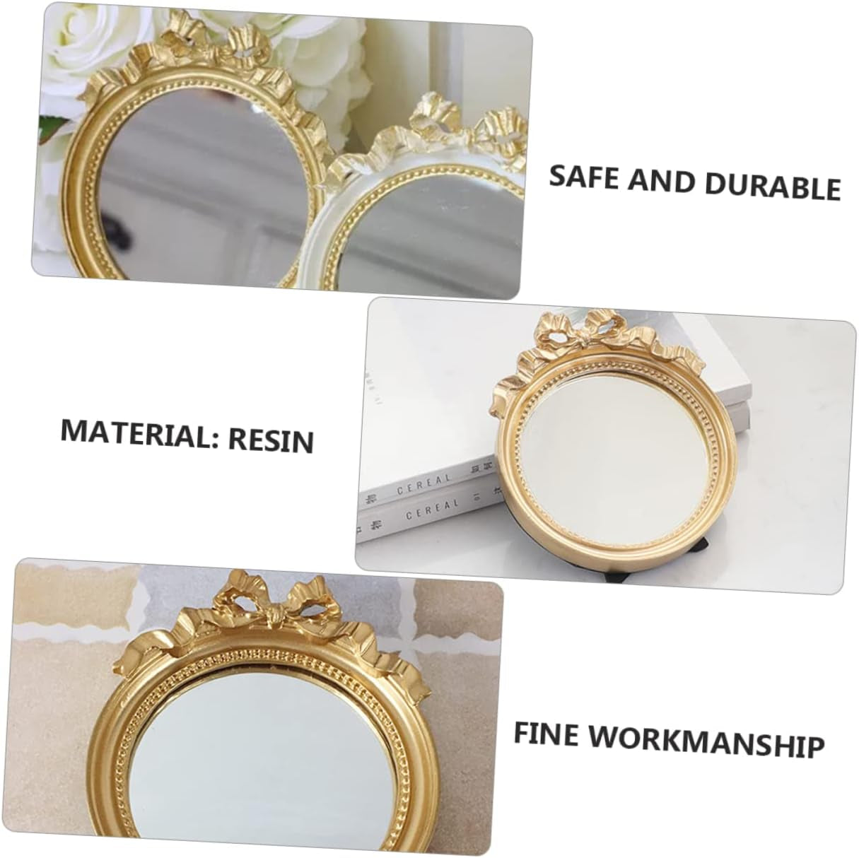 Portable round Makeup Mirror with Bowknot Design Handheld Resin Cosmetic Mirror for Women Travel Friendly Compact Purse Mirror Go