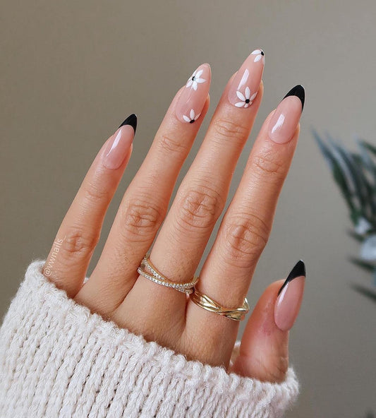 24 Pcs Acrylic Press on Nails Medium, Stiletto Fake Nails with Glue, Black French and Flower for Women