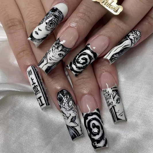24Pcs Square French Tip Press on Nails Long Fake Nails Punk Cartoon Anime Design Nail Art Supplies Black White Full Cover Coffin False Nails Glue on Nails for Women Girls Manicure Decoration Decor