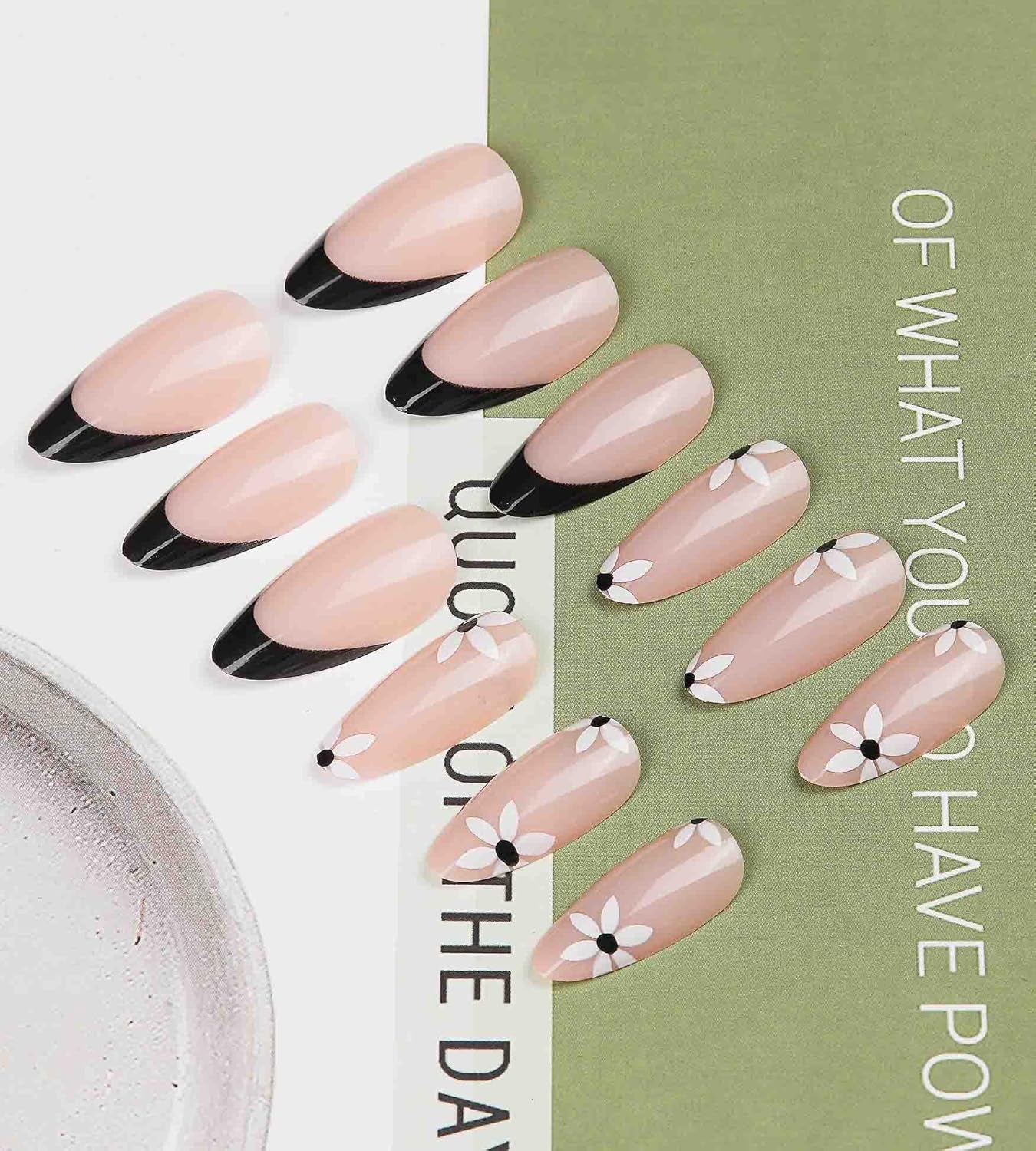 24 Pcs Acrylic Press on Nails Medium, Stiletto Fake Nails with Glue, Black French and Flower for Women