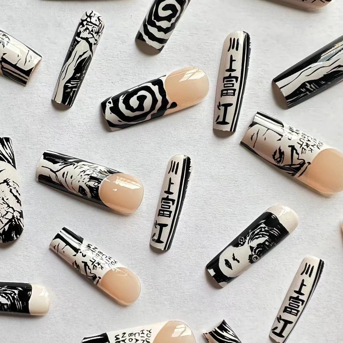24Pcs Square French Tip Press on Nails Long Fake Nails Punk Cartoon Anime Design Nail Art Supplies Black White Full Cover Coffin False Nails Glue on Nails for Women Girls Manicure Decoration Decor