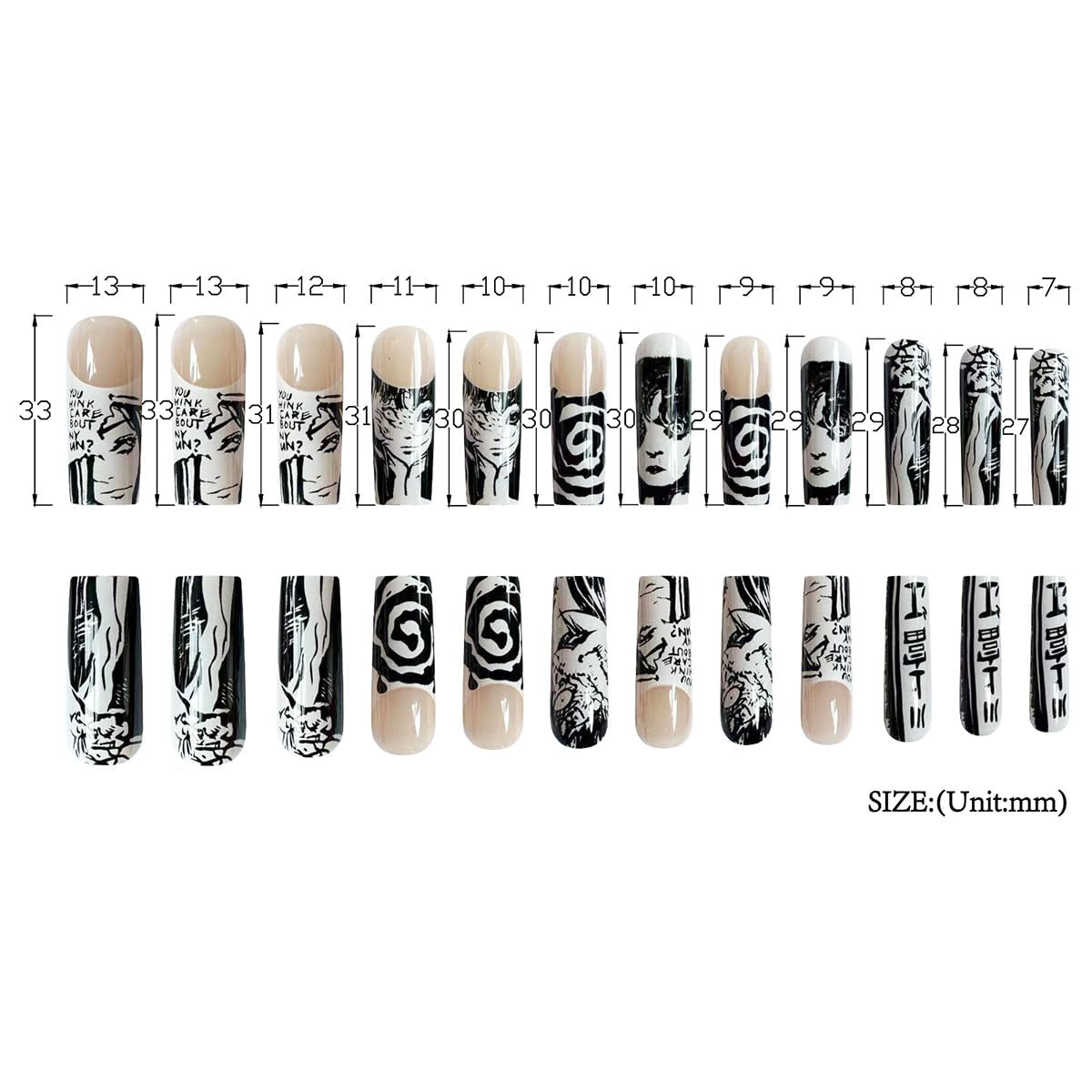 24Pcs Square French Tip Press on Nails Long Fake Nails Punk Cartoon Anime Design Nail Art Supplies Black White Full Cover Coffin False Nails Glue on Nails for Women Girls Manicure Decoration Decor