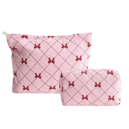 2PCS Cute Corduroy Makeup Bag Set for Women, Small Travel Toiletry Bag, Coquette Cosmetic Pouch with Bow, Portable Versatile Zipper Pouch - Pink