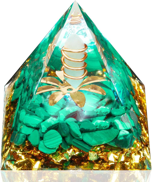Orgone Pyramid,2 Inch Good Energy Pyramid,Crystals and Healing Stones Pyramid for Meditation,Clear Quartz Crystals and Malachite Stone (Clear Quartz & Malachite, 2 Inch)