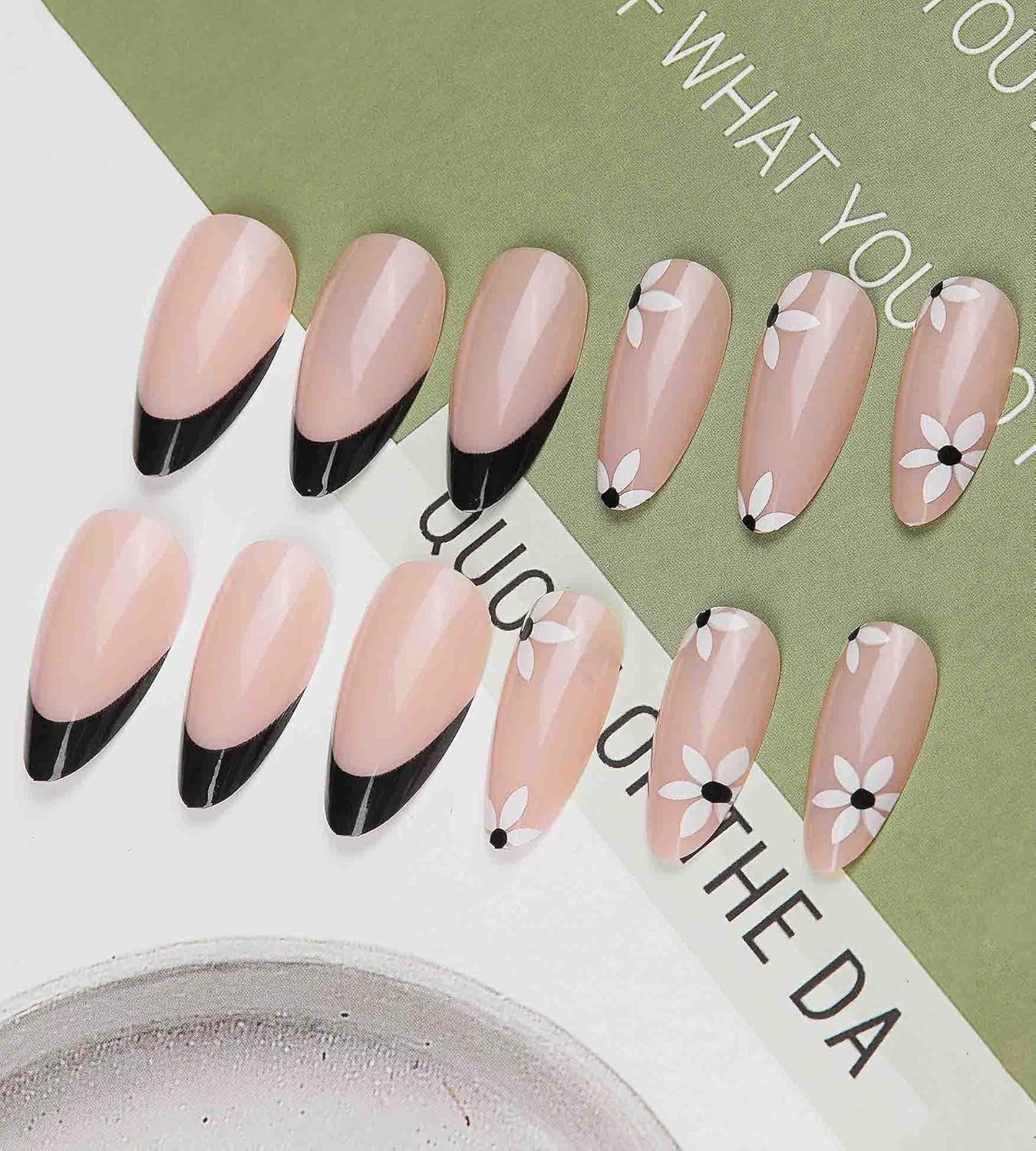 24 Pcs Acrylic Press on Nails Medium, Stiletto Fake Nails with Glue, Black French and Flower for Women