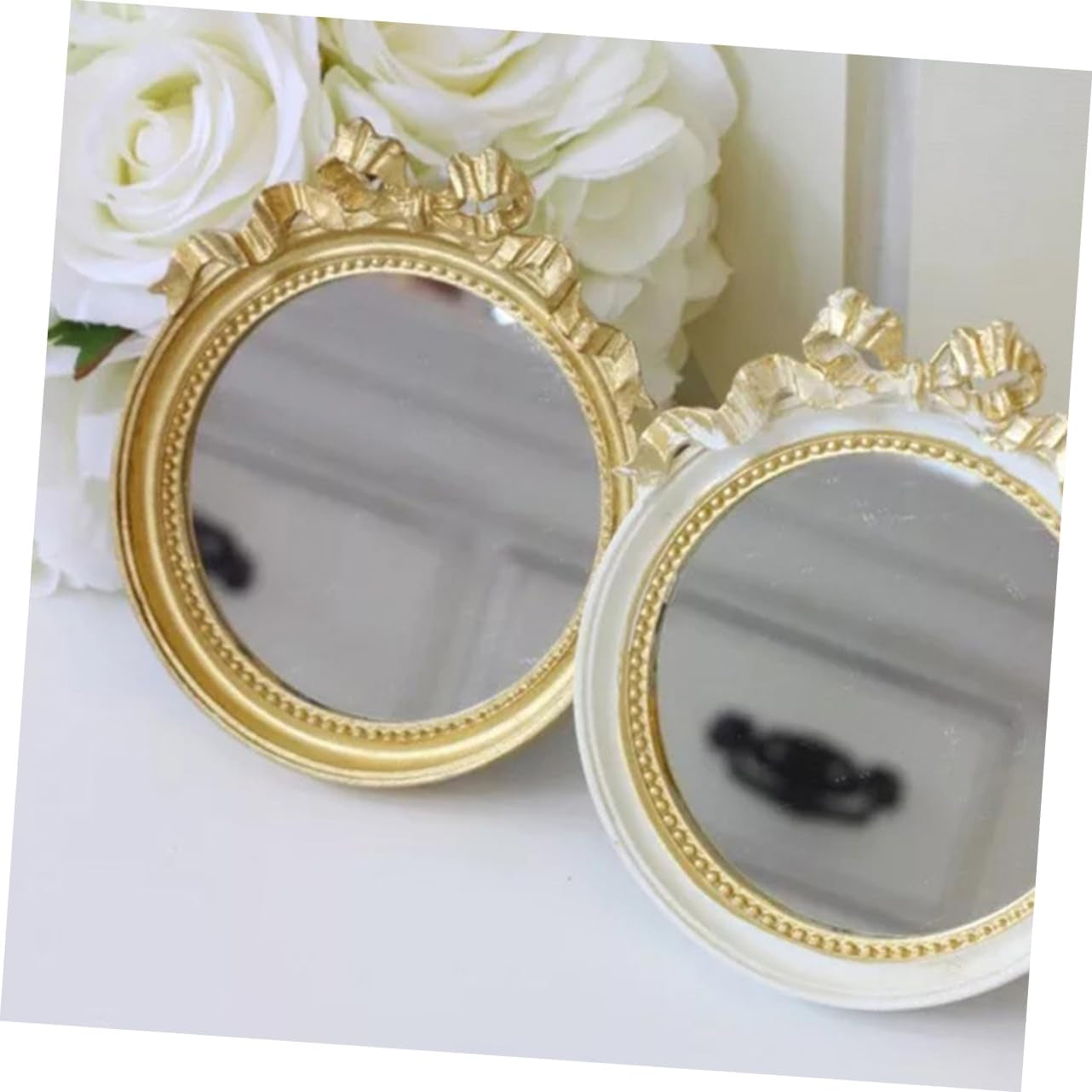 Portable round Makeup Mirror with Bowknot Design Handheld Resin Cosmetic Mirror for Women Travel Friendly Compact Purse Mirror Go