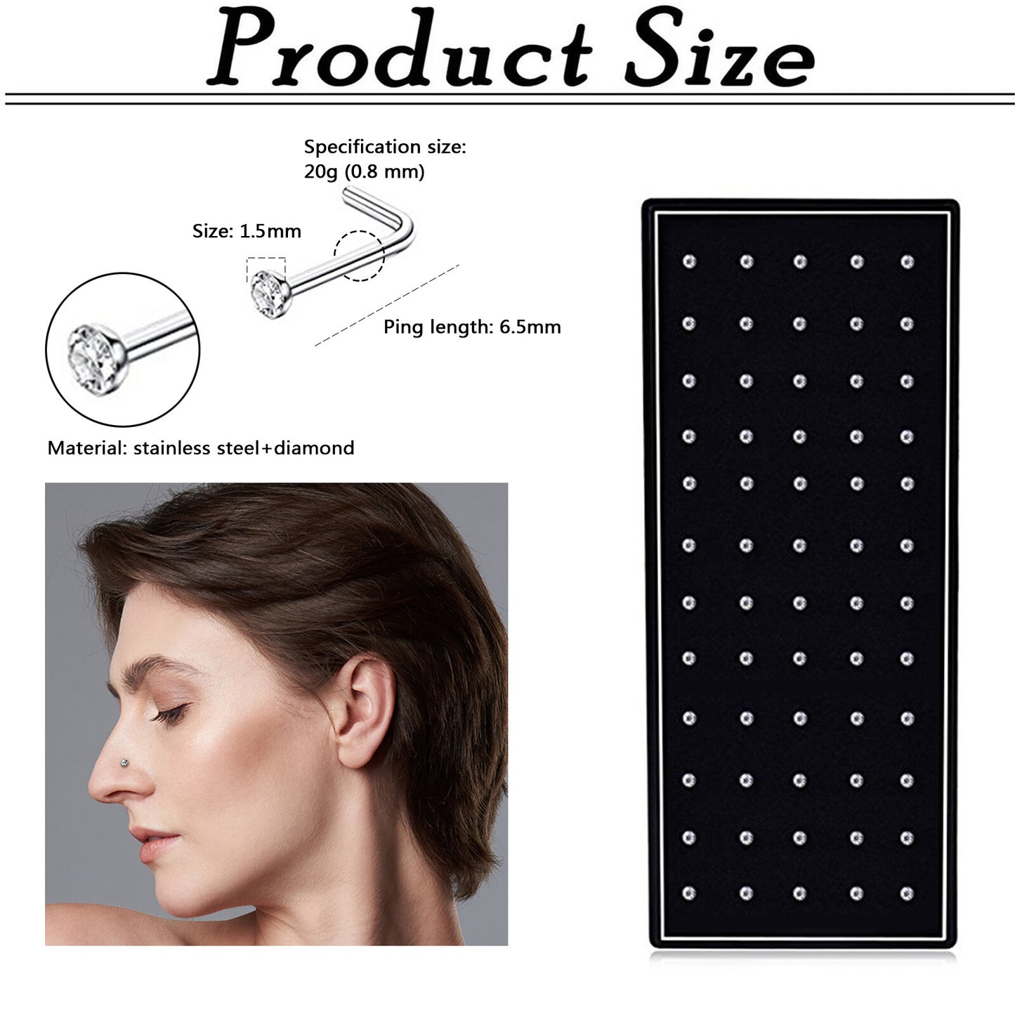 60Pcs 20G Nose Rings Studs for Women Men L-Shaped Nose Piercing Jewelry 1.5Mm