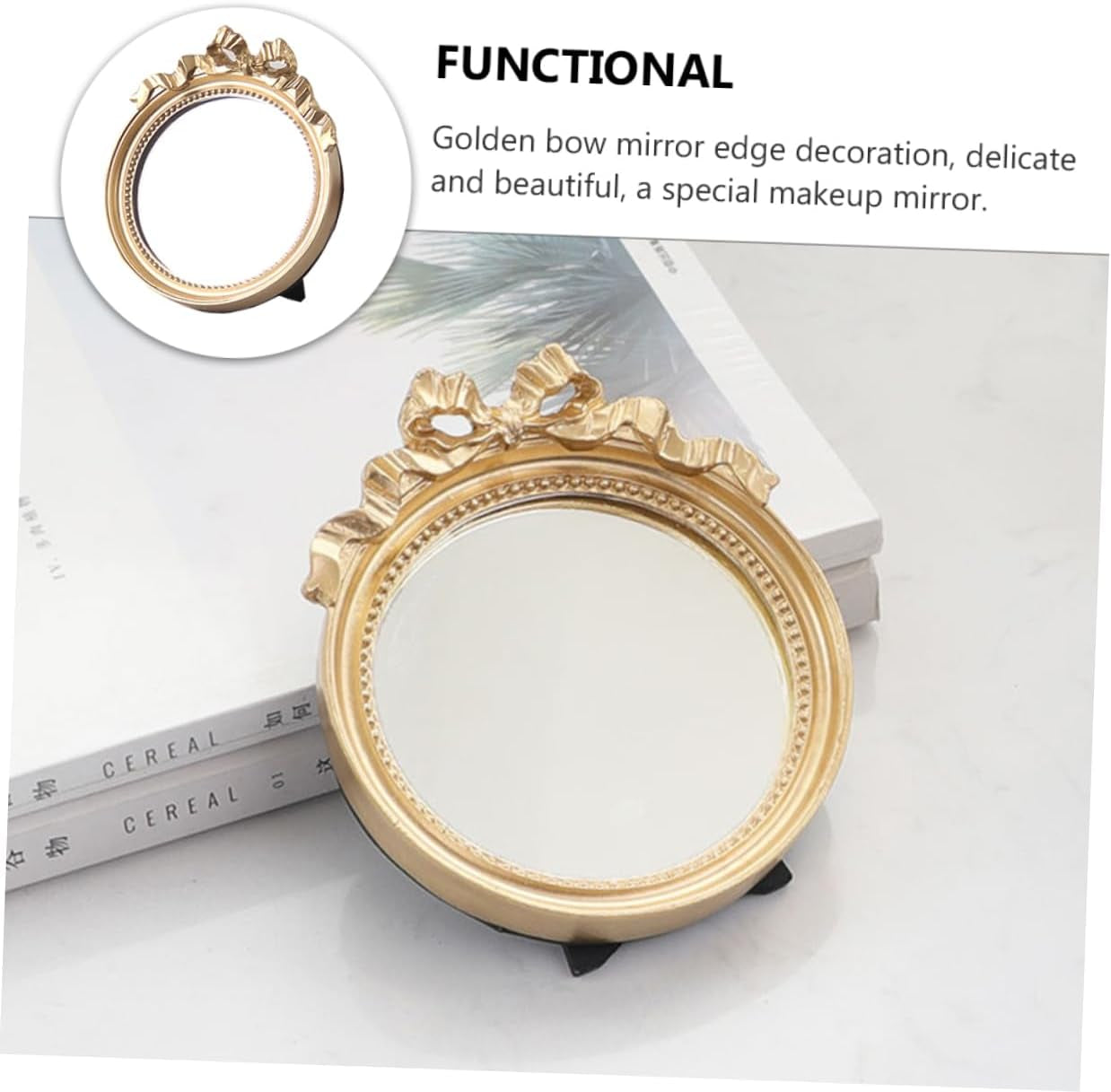 Portable round Makeup Mirror with Bowknot Design Handheld Resin Cosmetic Mirror for Women Travel Friendly Compact Purse Mirror Go