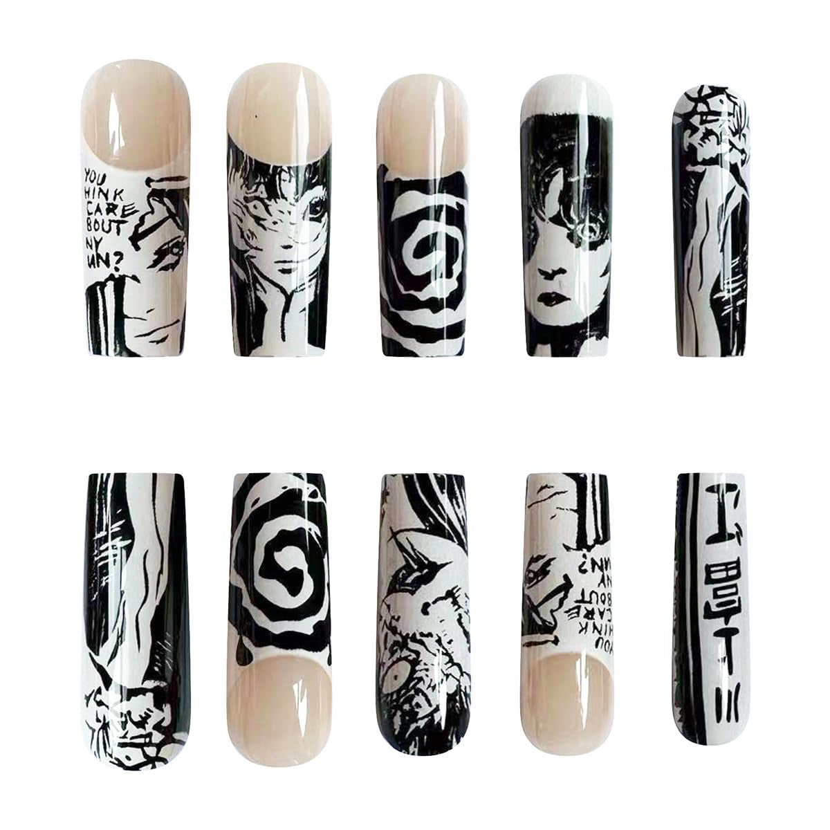 24Pcs Square French Tip Press on Nails Long Fake Nails Punk Cartoon Anime Design Nail Art Supplies Black White Full Cover Coffin False Nails Glue on Nails for Women Girls Manicure Decoration Decor