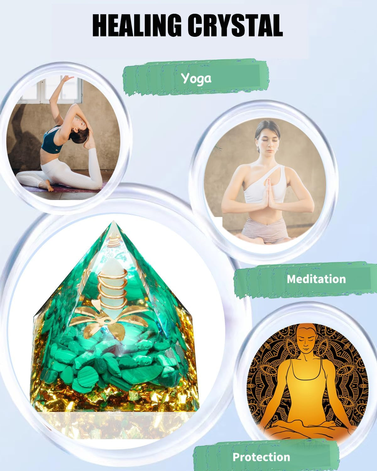 Orgone Pyramid,2 Inch Good Energy Pyramid,Crystals and Healing Stones Pyramid for Meditation,Clear Quartz Crystals and Malachite Stone (Clear Quartz & Malachite, 2 Inch)