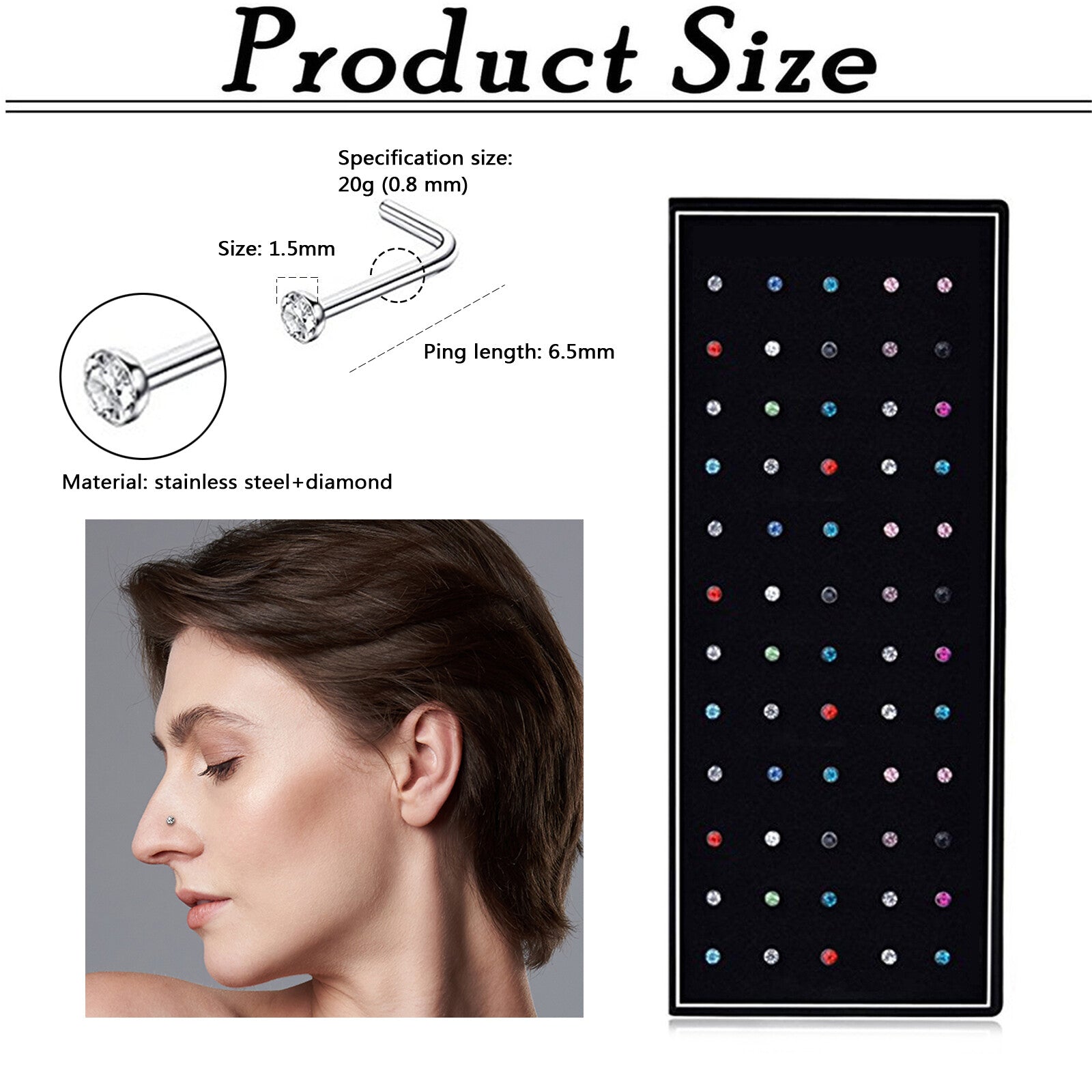 60Pcs 20G Nose Rings Studs for Women Men L-Shaped Nose Piercing Jewelry 1.5Mm