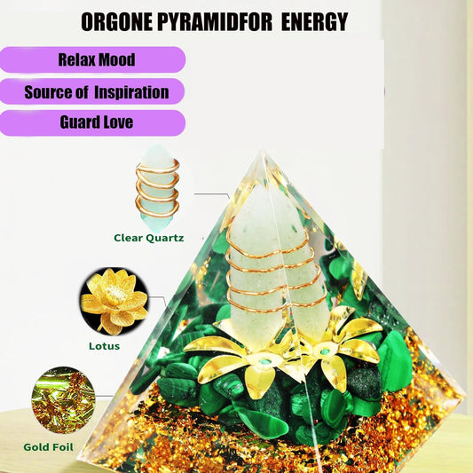 Orgone Pyramid,2 Inch Good Energy Pyramid,Crystals and Healing Stones Pyramid for Meditation,Clear Quartz Crystals and Malachite Stone (Clear Quartz & Malachite, 2 Inch)